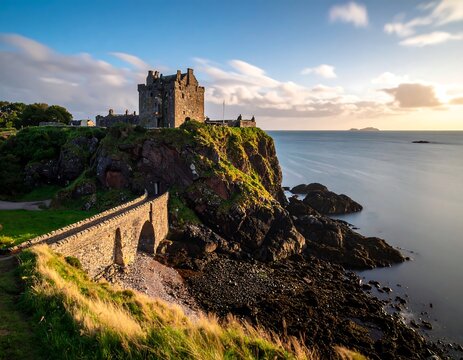 Historic castle on cliff overlooking ocean at sunset