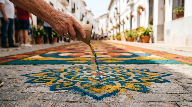 Hand pouring colored sawdust for a Corpus Christi carpet in Elche de la Sierra
