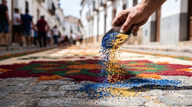 Pouring colored sawdust to make a Corpus Christi carpet in Elche de la Sierra