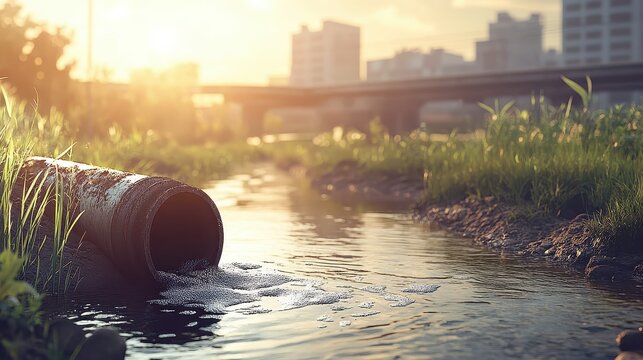 Contaminated industrial wastewater spilling from a large pipe into a natural stream at sunset with urban buildings in the background