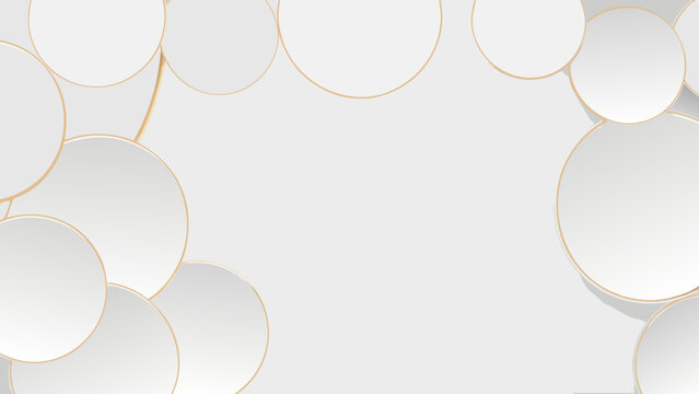 Overlapping white circles with gold rims create a layered abstract background composition circular contemporary decorative design element geometric minimal modern pattern