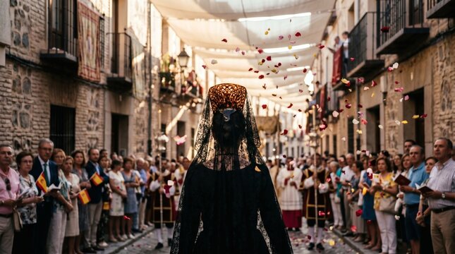 Woman wearing black mantilla walks through falling petals at a procession