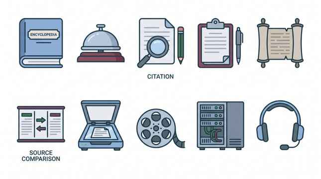Collection of research and academic icons representing resources, study, and information gathering