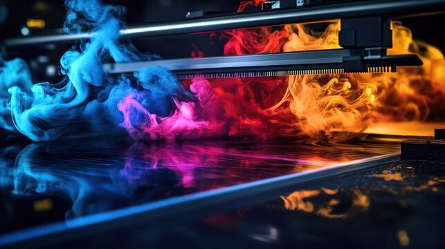 Dynamic Inkjet Printing Process Showcasing Vibrant Fluid Color Transitions and Abstract Patterns