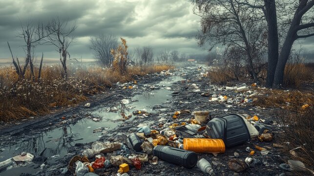 Extensive illegal dumping of unregulated waste and scattered refuse under a dramatic cloudy sky with an urban backdrop