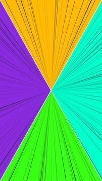 Manga speed lines radial background with purple yellow green cyan quadrants and black motion lines for anime action transition.