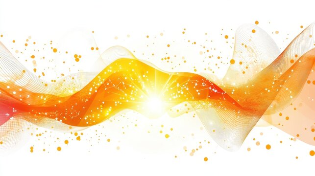 Bright abstract glowing orange and yellow wave with sparkling particles on a white background