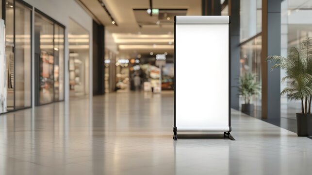 A blank roll-up banner displayed in a modern shopping mall environment.