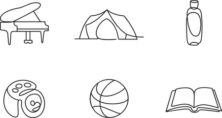 Grand piano tent bottle game controller basketball and open book line drawings set and musical instrument, sports equipment, and single stroke icons © zagrapic540