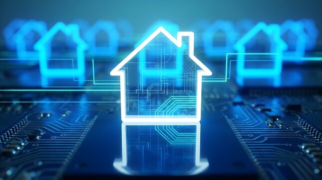 Glowing digital wireframe house icon sitting on a computer microchip symbolizing futuristic smart home automation and property technology advancements