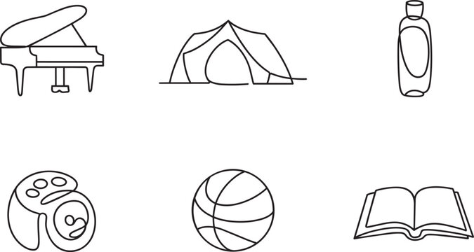 Grand piano tent bottle game controller basketball and open book line drawings set and musical instrument, sports equipment, and single stroke icons