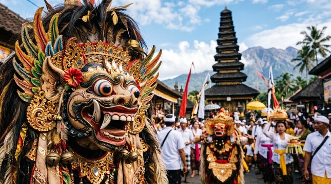 Traditional Balinese Barong mask during cultural religious ceremony festival in Bali