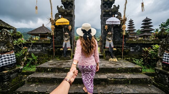 Tourist woman leading hand toward ancient Balinese split gate temple in Bali travel