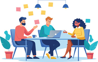 Fototapeta premium Team brainstorming session with sticky notes and laptop in modern office isolated on transparent background