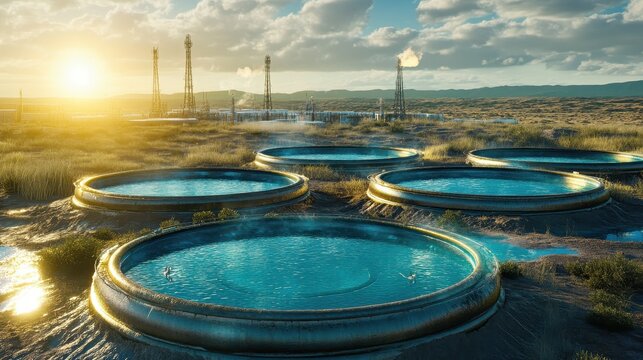Industrial oil and gas extraction facilities with large water reservoirs in an arid landscape, highlighting resource management and environmental concerns.