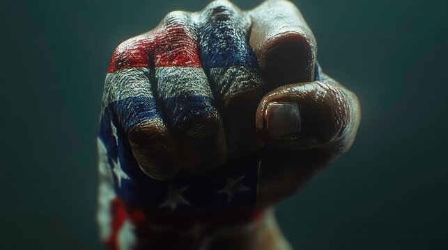 A clenched fist painted with the American flag symbolizes strength and unity.
