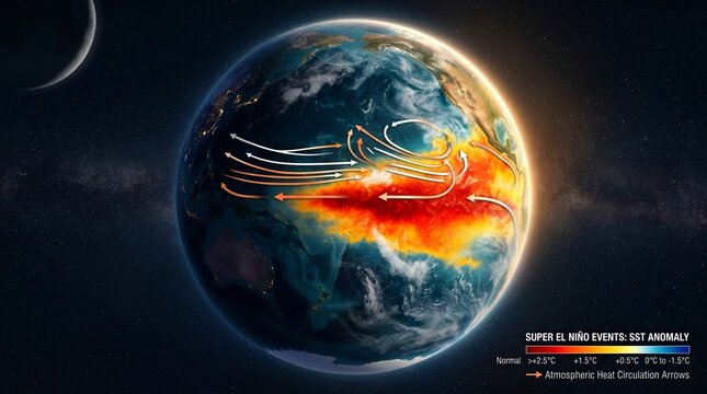 Super El Ni&ntilde;o Super El Nino Event Sea Surface Temperature Anomaly and Atmospheric Heat Circulation
