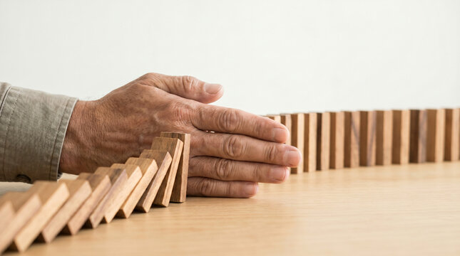 Risk Management Concept, Hand Stopping Falling Dominoes
