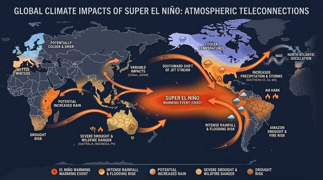 Super El Ni&ntilde;o Global Climate Impacts of Super El Ni&ntilde;o Atmospheric Teleconnections Map