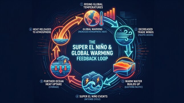 Super El Ni&ntilde;o El Nino and Global Warming Feedback Loop Explained with Icons and Arrows