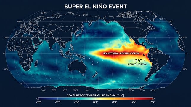 Super El Ni&ntilde;o Super El Nino Event Sea Surface Temperature Anomaly Map Equatorial Pacific Ocean