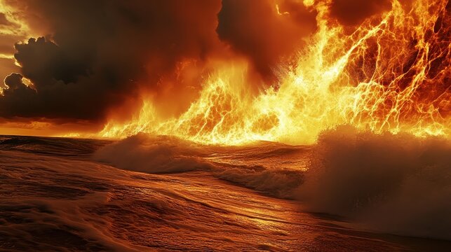 Dramatic ocean waves engulfed in intense fire and smoke, representing environmental crisis and climate disaster.