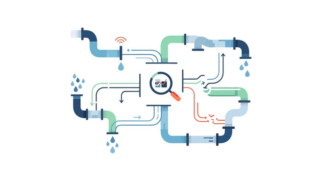 Data Leakage Analysis and System Audit Concept Illustration. Abstract Business Workflow Optimization with Magnifying Glass and Pipeline Network.