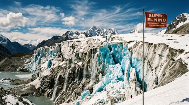 Super El Ni&ntilde;o El Nino glacier melt zone in Peruvian Andes with dramatic ice formations and a warning flag