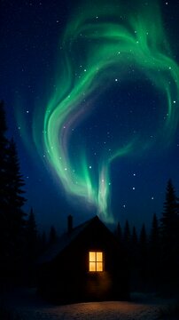 A serene night scene featuring a cozy cabin under a glowing aurora in a winter landscape.