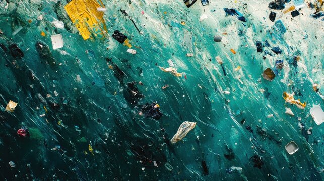 Polluted Lake Surface Teeming with Microplastic Debris and Floating Waste