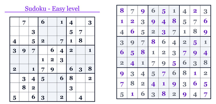 Sudoku puzzle with easy level grid and filled numbers  