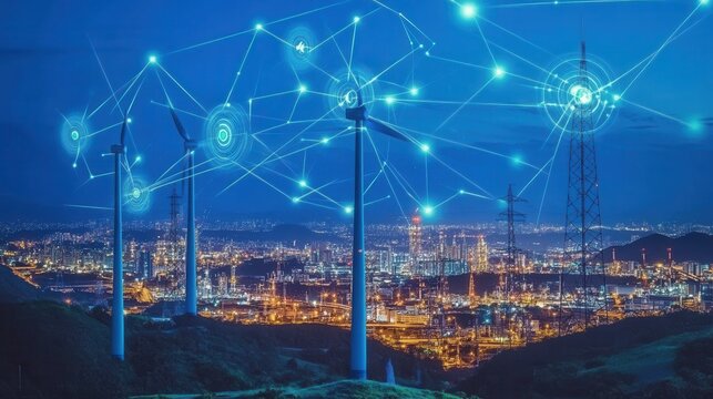 Modern wind turbines powering a connected, sustainable cityscape at night showcasing renewable energy solutions.