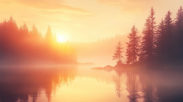 Golden hour sunrise illuminates a misty lake reflecting tranquil forest trees and a serene landscape