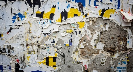 Fototapeta premium Distressed wall with torn posters and peeling paint texture