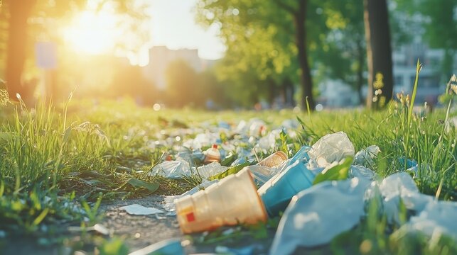 Scattered Plastic Waste Littering a Sunlit City Park Lawn After an Event, Highlighting Environmental Pollution