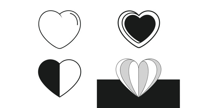 Set of four distinct heart symbols including outline solid and stylized paper folding designs for love and romantic theme projects.
