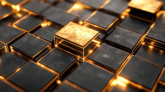 Illuminated Gold Square Amidst Black Cubes in a Digital Network Environment
