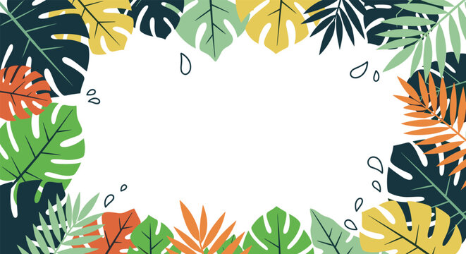 Tropical leaf border with colorful monstera and palm leaves surrounding a white rectangular frame for text copy space.