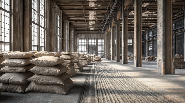 Stacks of Sacks in an Old Industrial Warehouse Filled with Natural Light and Shadows