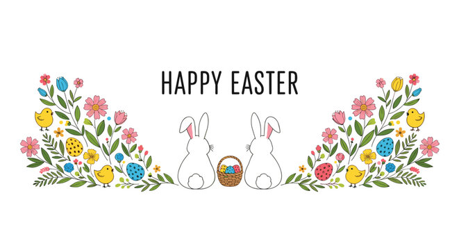 Happy Easter horizontal banner with two white bunnies a basket of eggs and colorful floral chick and leaf decorations.