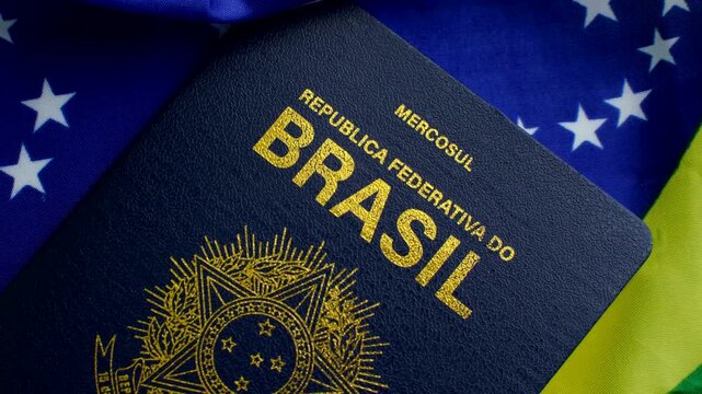 Brazilian Passport on the Flag: A symbol of national identity, the passport rests upon the vibrant flag of Brazil, evoking citizenship and pride.