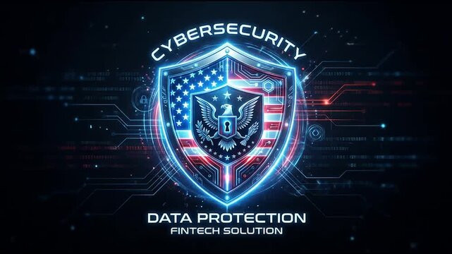 Glowing digital shield symbol with american flag motif representing advanced cybersecurity protection and secure data systems for global financial networks