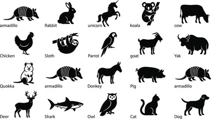 Fototapeta premium Black Animal Silhouette Vector Icon Set with Text Labels Featuring Domestic Wildlife and Mythical Creatures for Educational Poster Designs