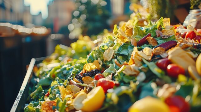 Overflowing food waste piled outside a busy restaurant with wrappers and leftovers spilling from a dumpster