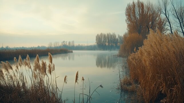 Serene natural landscape featuring calm water reflecting an overcast sky and bordered by reeds and trees