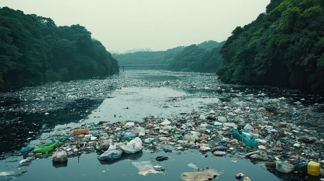 Vast river choked with accumulating plastic and garbage, a dire environmental consequence in a lush, tree-lined valley.