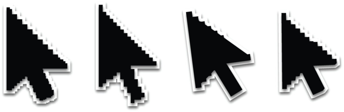 Four black pixelated mouse cursor icons isolated on transparent background