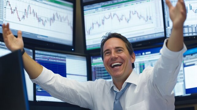 Laughing stock trader at multi screen workstation celebrating profitable market performance, investment gains and confident financial success