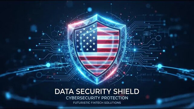 Glowing digital shield featuring the american flag pattern protecting sensitive information with advanced circuit board lines in motion sequence