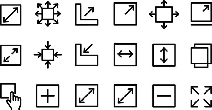 Minimize and maximize icons set. Line expand sign, reduce size interface button, scale arrows. Resize fullscreen window vectors collection